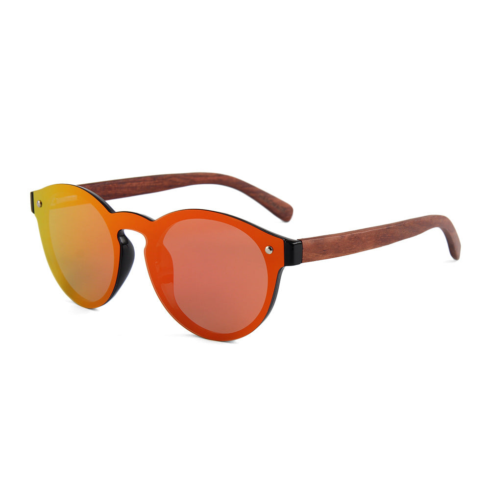 Round Reflective Wood Sunglasses For Women & Men with Special One Piece Style Polarized Lens