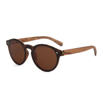 Round Reflective Wood Sunglasses For Women & Men with Special One Piece Style Polarized Lens