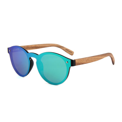 Round Reflective Wood Sunglasses For Women & Men with Special One Piece Style Polarized Lens