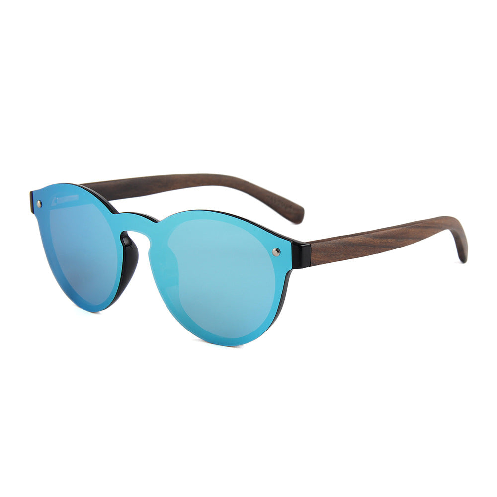 Round Reflective Wood Sunglasses For Women & Men with Special One Piece Style Polarized Lens