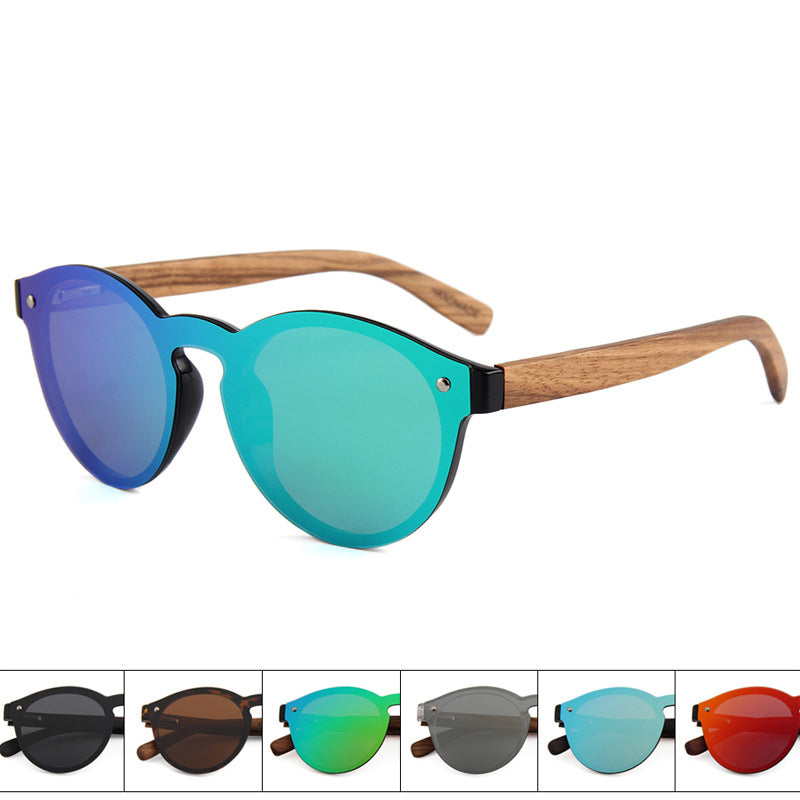 Round Reflective Wood Sunglasses For Women & Men with Special One Piece Style Polarized Lens