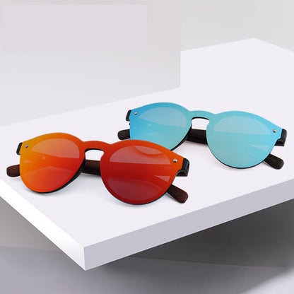 Round Reflective Wood Sunglasses For Women & Men with Special One Piece Style Polarized Lens
