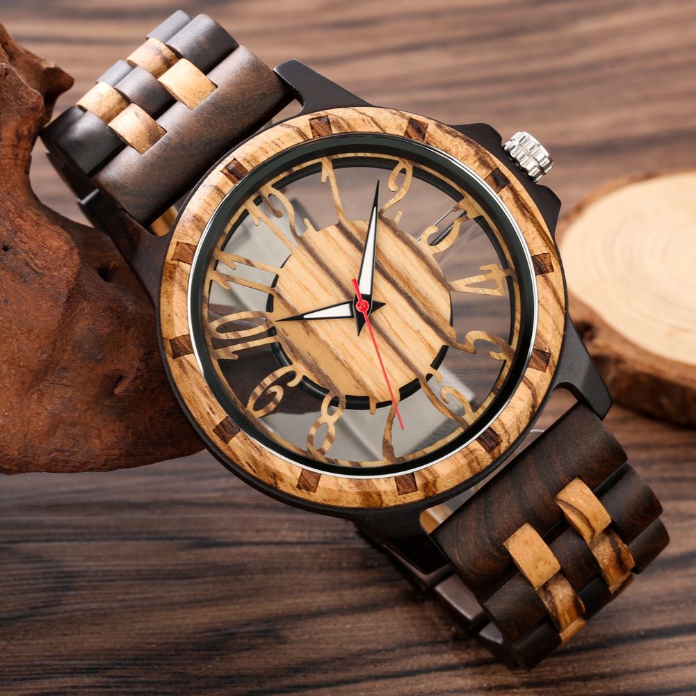 Amazon New New Concept Fashion Walnut Hollow Transparent Wooden Watch Men's Quartz Casual Watch L002R