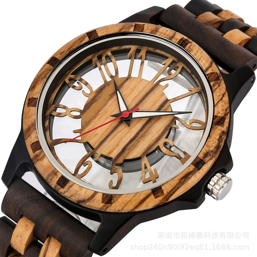 Amazon New New Concept Fashion Walnut Hollow Transparent Wooden Watch Men's Quartz Casual Watch L002R