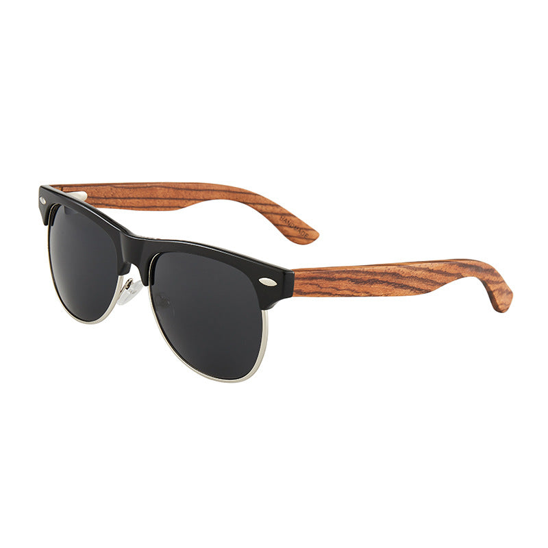 Real Ebony Wood Temple Semi Rimless Sunglasses with Polarized Lenses