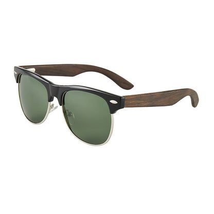 Real Ebony Wood Temple Semi Rimless Sunglasses with Polarized Lenses